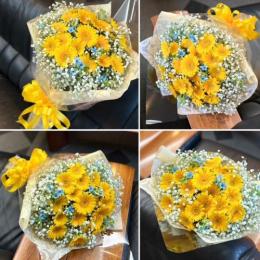 ガーベラとかすみ草の花束1黄青白